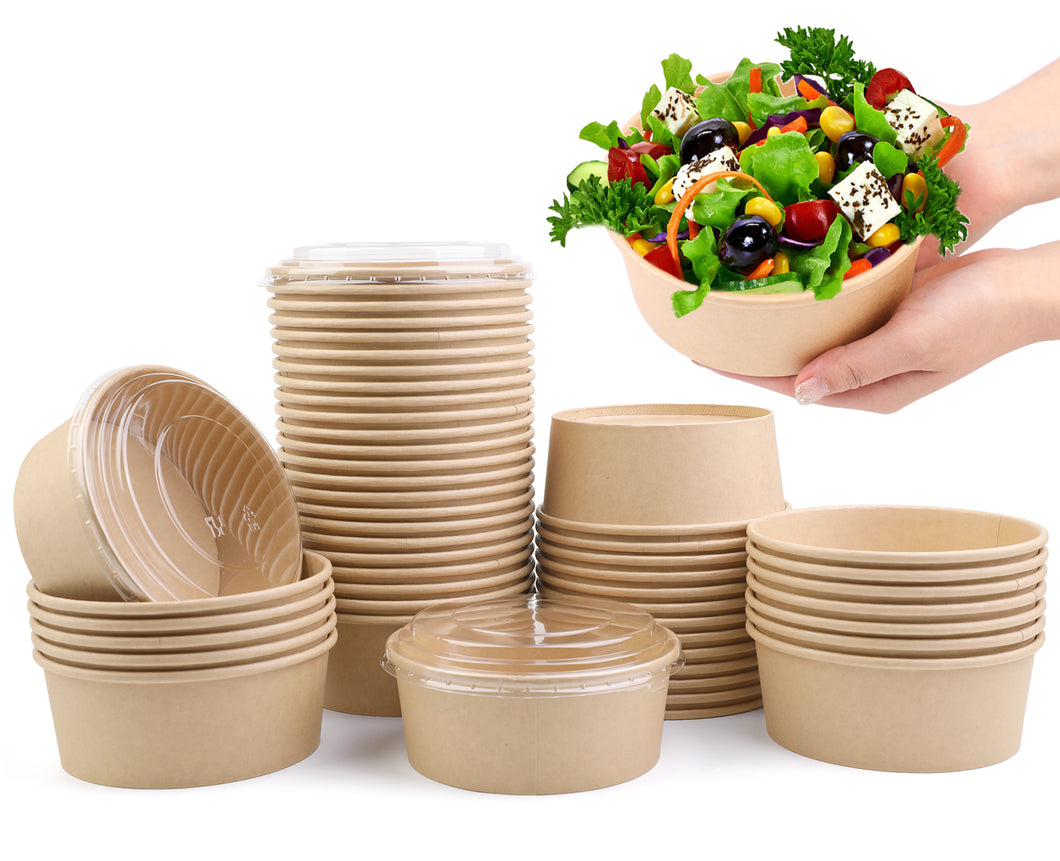 Wuadua 750ML 50 Pack Kraft Salad Bowls with Lids Disposable Soup Cups